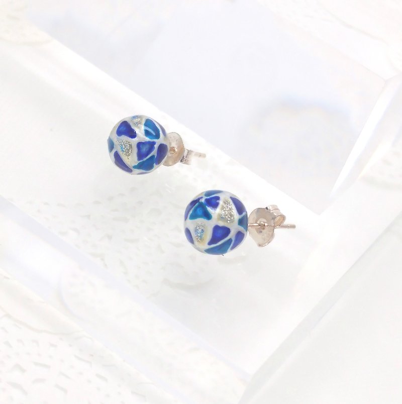 10mm 玻璃彩繪純銀耳環 - 珍珠白線 藍色 - 耳環/耳夾 - 玻璃 藍色