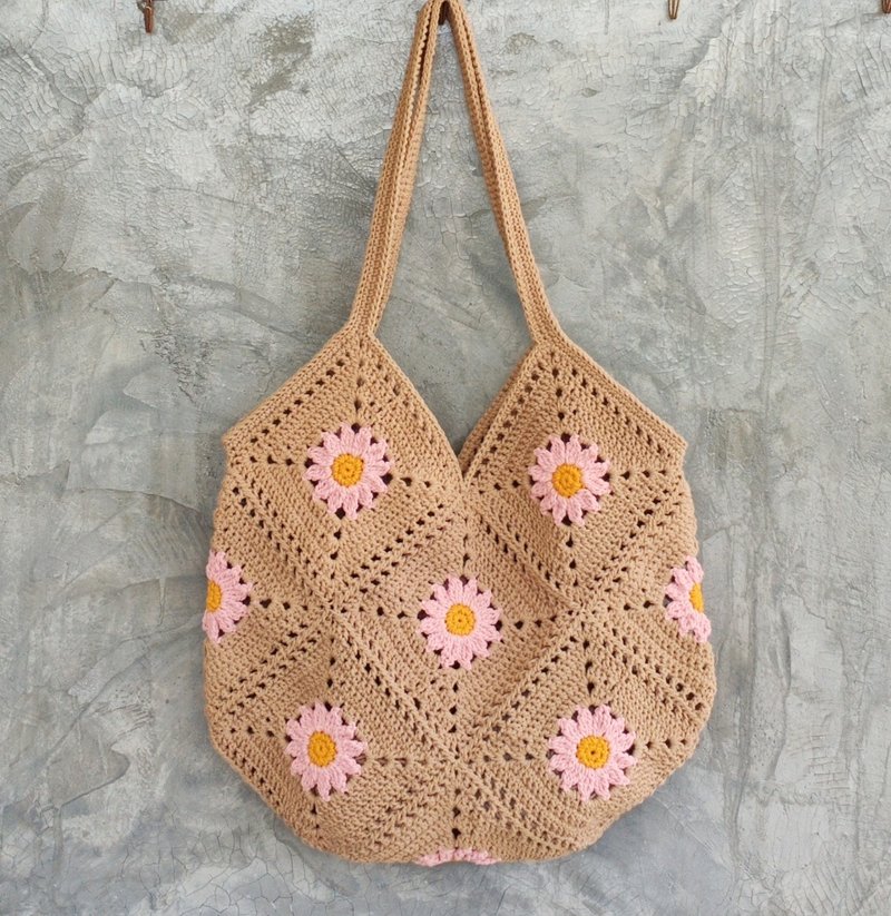 Granny Square flowers style drawstring bag - 手提包/手提袋 - 棉．麻 