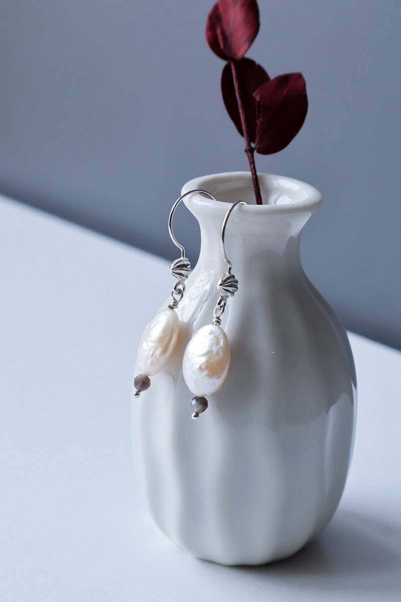 Featured Earwire with Oval Freshwater Pearl - Handmade - Earrings & Clip-ons - Sterling Silver White