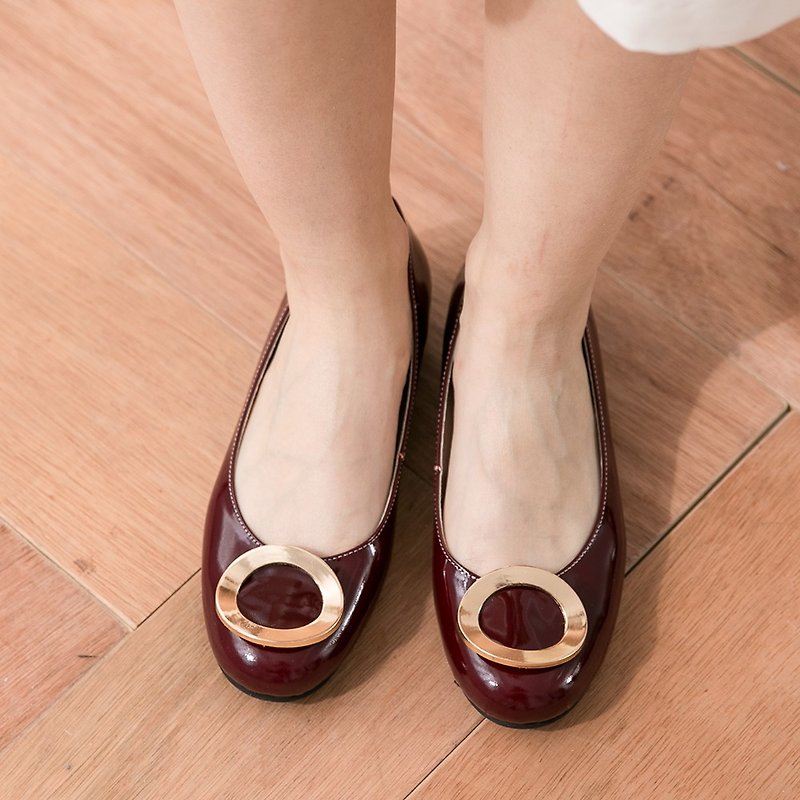 Maffeo doll shoes ballet shoes small design metal circle patent leather doll shoes (1220 Burgundy wine red) - Mary Jane Shoes & Ballet Shoes - Genuine Leather Red