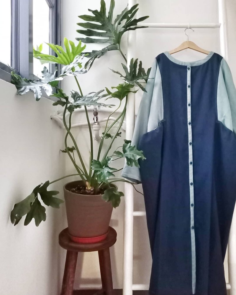 雙青拚色圓立領連袖脇邊立體口袋襯衫棉麻洋裝 - 洋裝/連身裙 - 棉．麻 