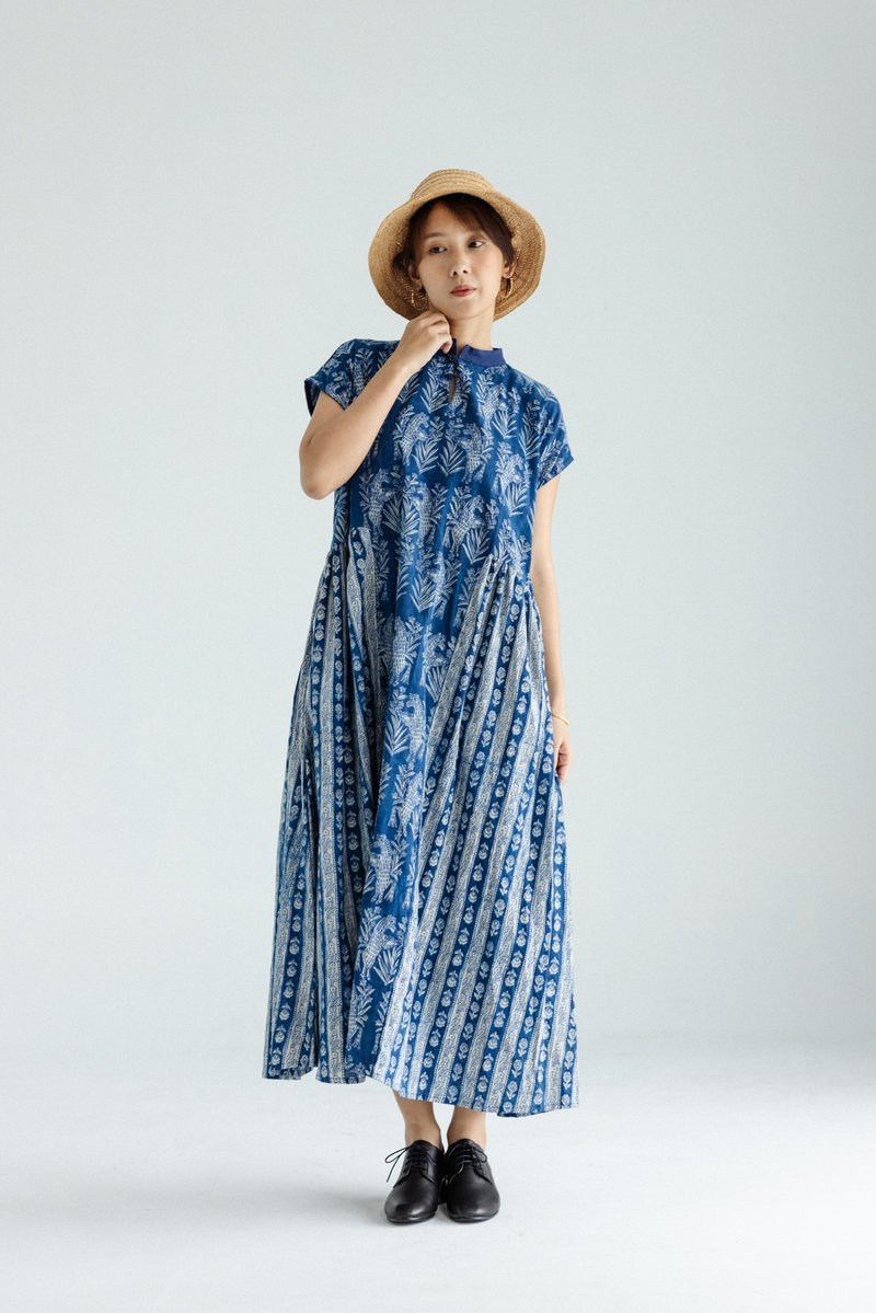 Small collar buttoned patchwork dress_blue - One Piece Dresses - Cotton & Hemp Blue