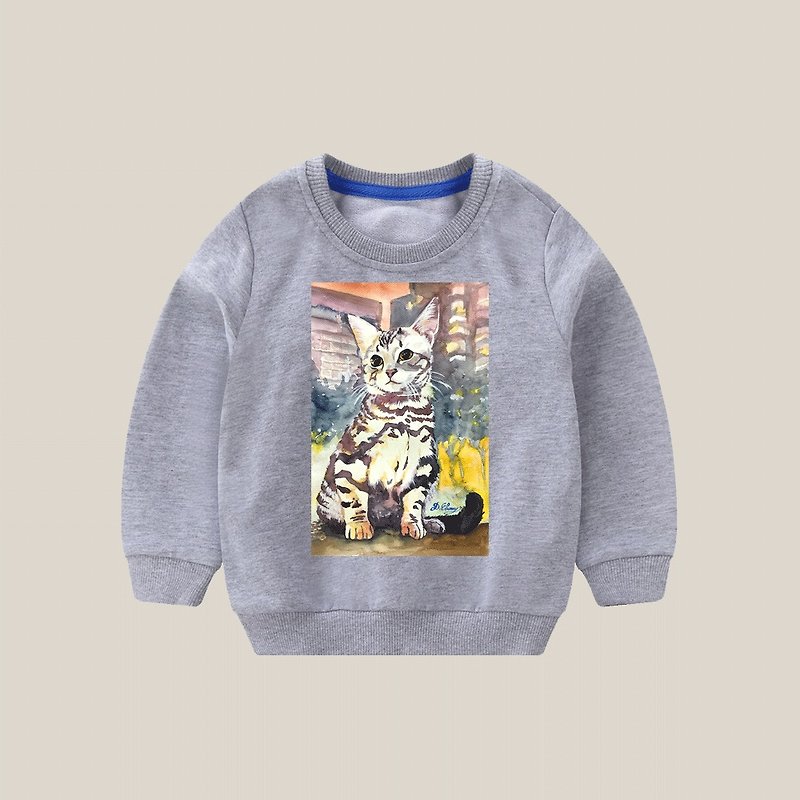 Hand-painted cat long sleeve cotton T - Tops & T-Shirts - Cotton & Hemp Gray