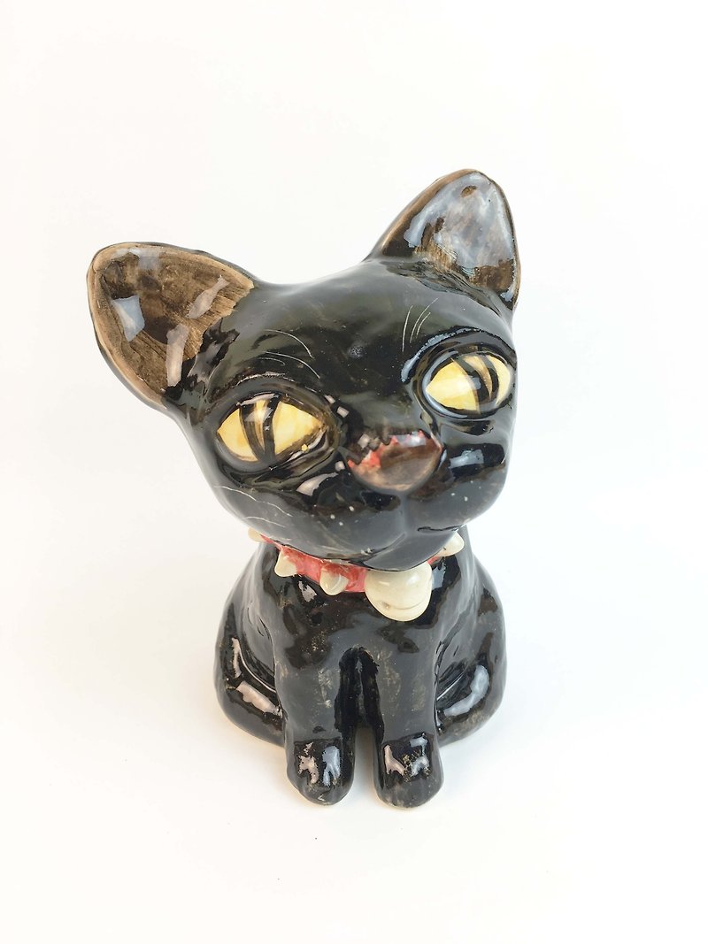 Nice Little Clay Stereo Hand Ornament_Red Rivet Collar Black Cat 0501-05 - Items for Display - Pottery Black