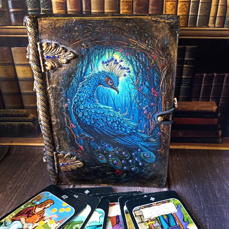 Peacock Box-Book,Box playing cards,Peacock tarot box,Peacock Feathe, Jewelry box - 居家收納/收納盒/儲物盒 - 木頭 藍色