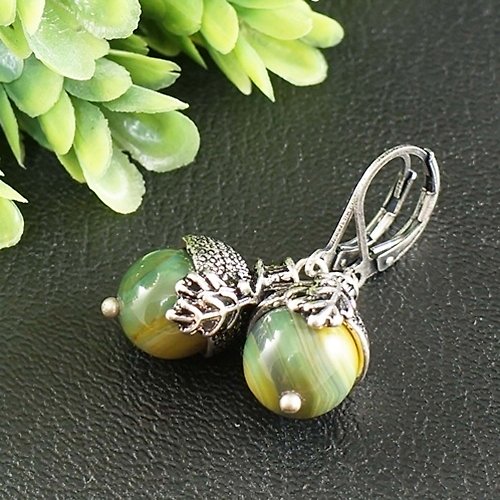 AGATIX Silver Acorn Earrings Green Yellow Agate Forest Botanical Boho Jewelry Earrings