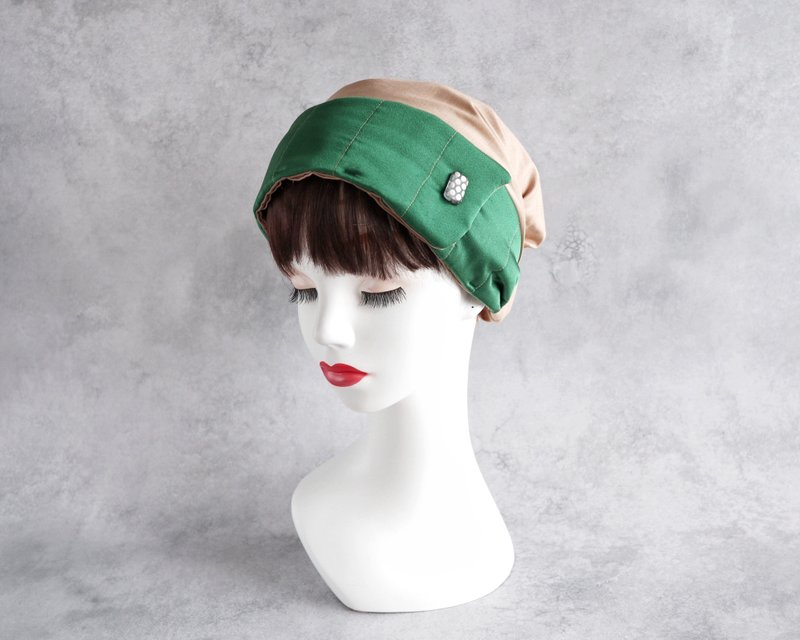 日本製 2way 医療用ヘアターバン ビーズ付き サッシュベルト キルティング グリーンサテン - 髮夾/髮圈 - 棉．麻 綠色