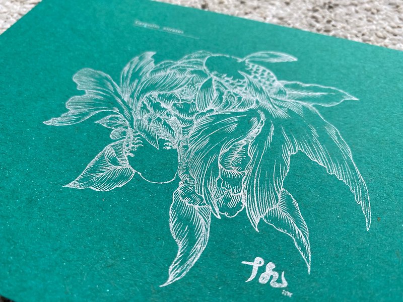 【花の間をさまよう金魚】イラストカード/活版印刷 - カード・はがき - 紙 グリーン