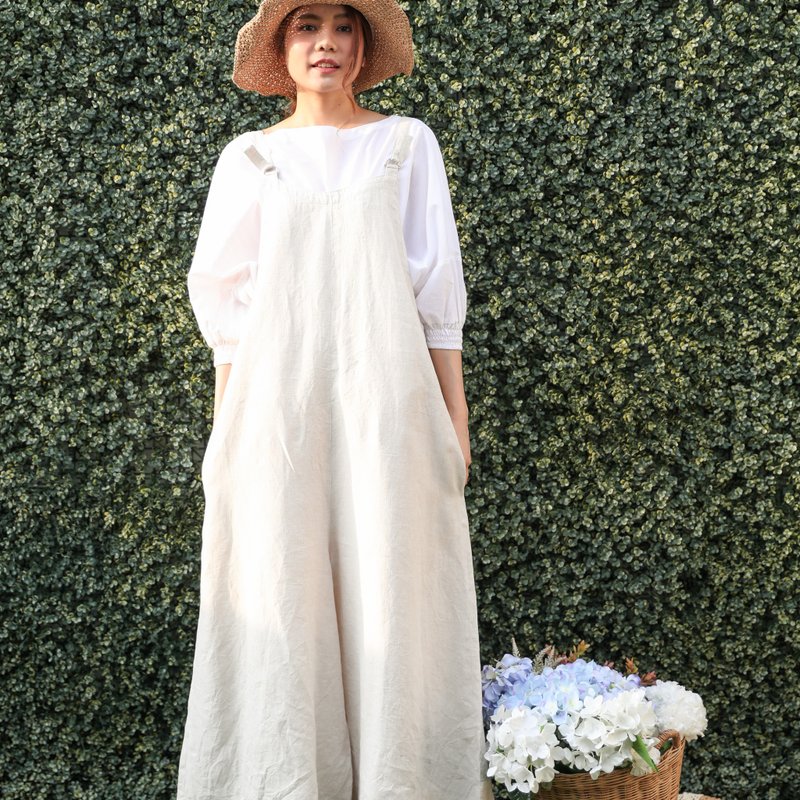 Natural Linen Jumpsuit adjustable strap Jumpsuit Linen Overall - Natural Color - 吊帶褲/連身褲 - 亞麻 白色