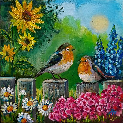 AZA-Art Robins Painting Bird Original Art Two birds Canvas 20 by 20 Couple birds