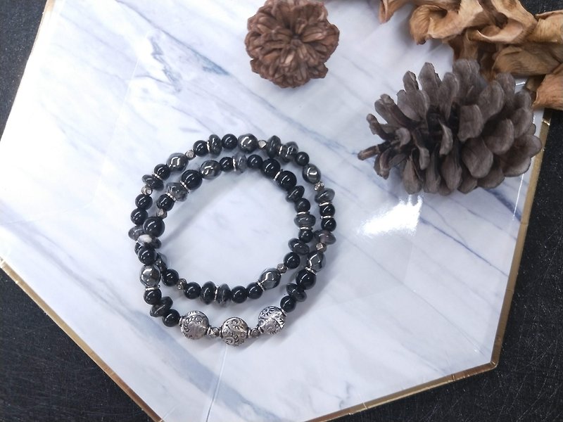 Bracelet. Black hair crystal*black glass*black gallstone * double circle bracelet - สร้อยข้อมือ - คริสตัล สีดำ