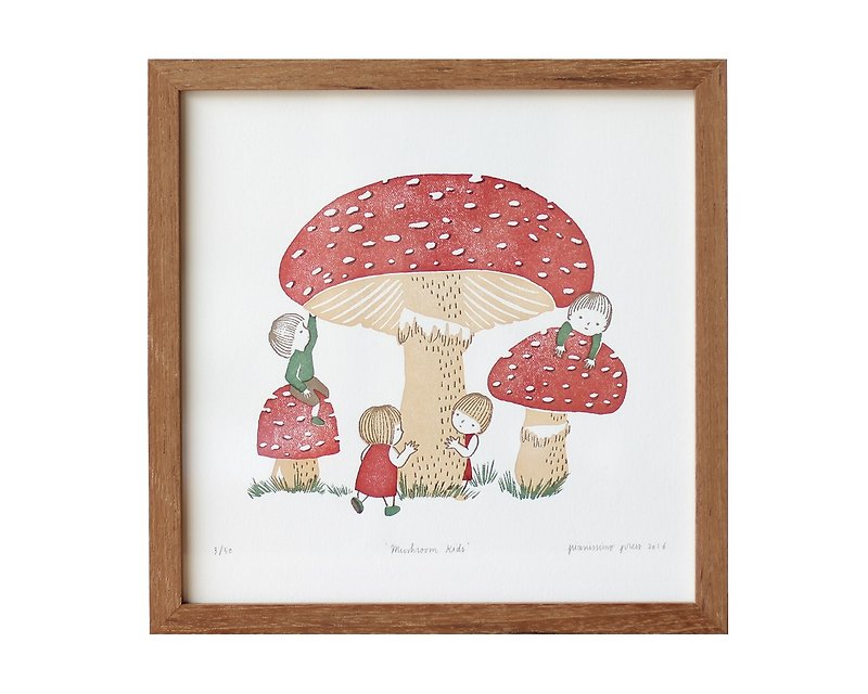 Mushroom Kids - ภาพพิมพ์ Letterpress จำนวนจำกัด 50 ภาพ - โปสเตอร์ - กระดาษ สีแดง