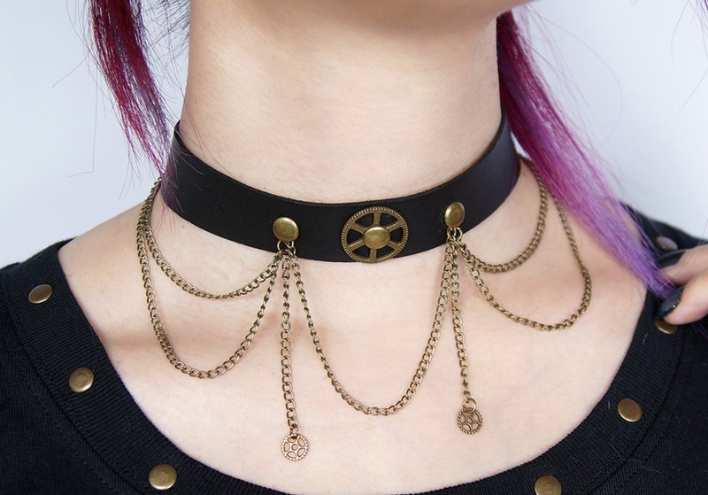 蒸汽朋克  金屬齒輪 皮革 多層choker 脖圈 頸圈 項鏈 - 項鍊 - 人造皮革 黑色