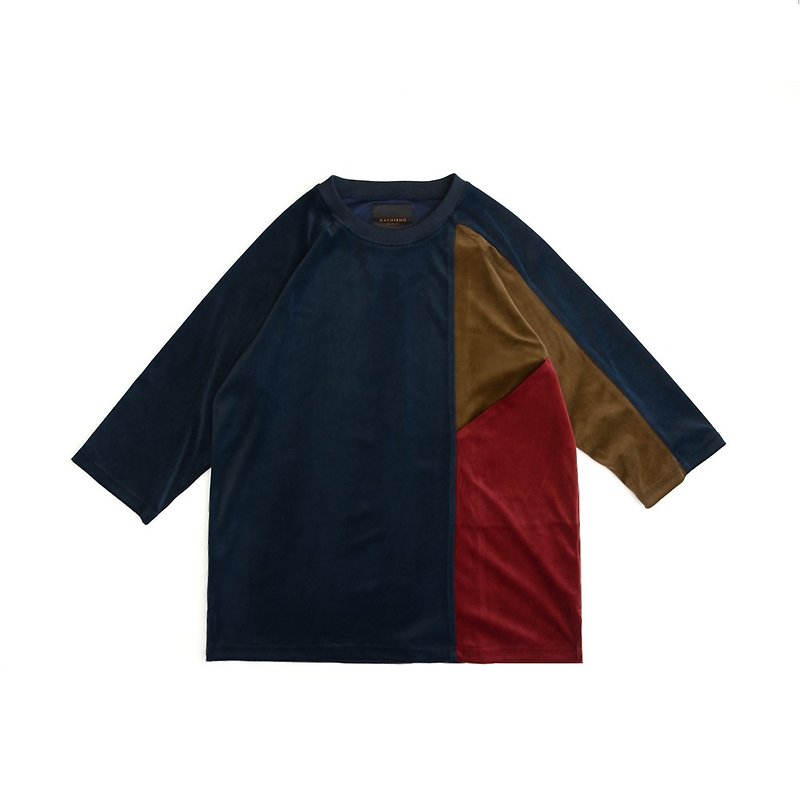絲絨三色剪接七分袖T恤 - T 恤 - 其他人造纖維 藍色