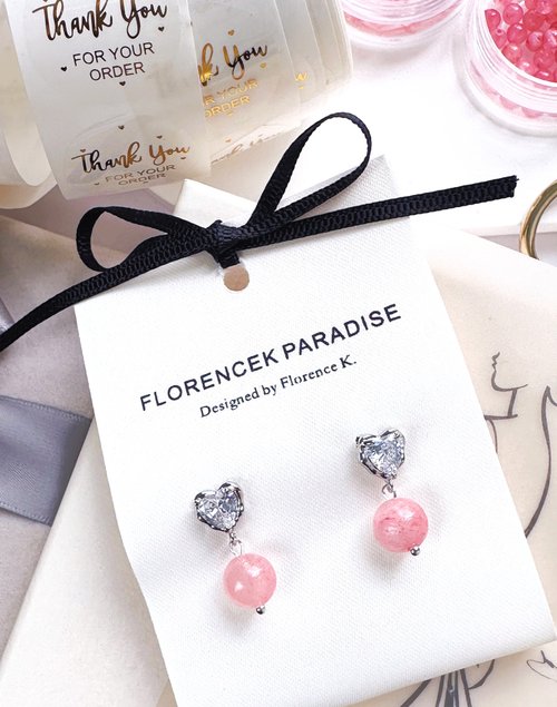 Florencek Paradise 新款櫻花色系玫瑰晶天然石心型耳環/旗袍耳環/草莓晶耳環