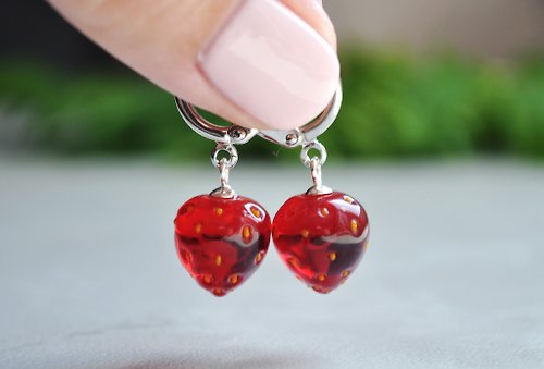 Toutberry Strawberry earrings Small fruit jewelry Red hoops Mini food kawaii earrings