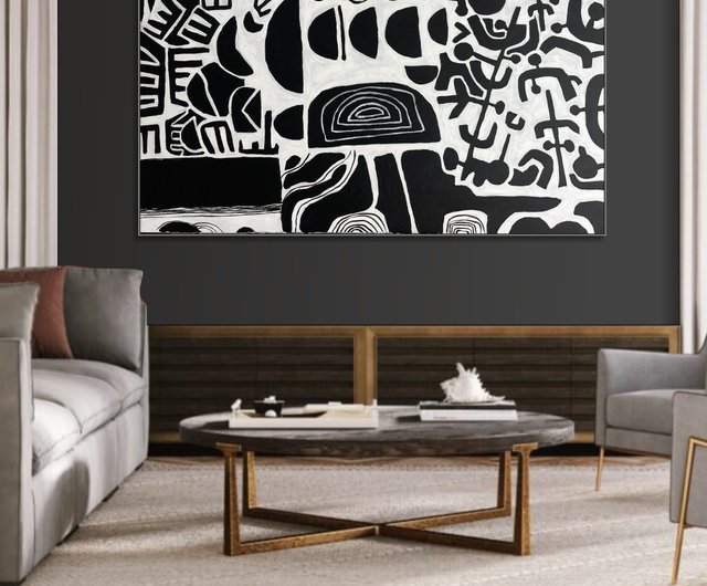 抽象的な白黒絵画 モダンなモノクロームウォールアート ミニマ