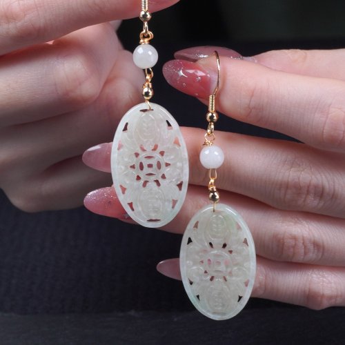 瓔珞珠寶盒 E.L.Jewelry Box 冰種翡翠簍空雕花片耳環 14K包金 | 天然緬甸玉A貨翡翠 | 送禮