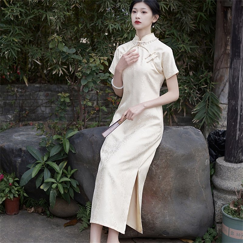 Yujinmi apricot short-sleeved improved double-breasted cheongsam summer new retro girl dress daily dress - Qipao - Polyester Yellow