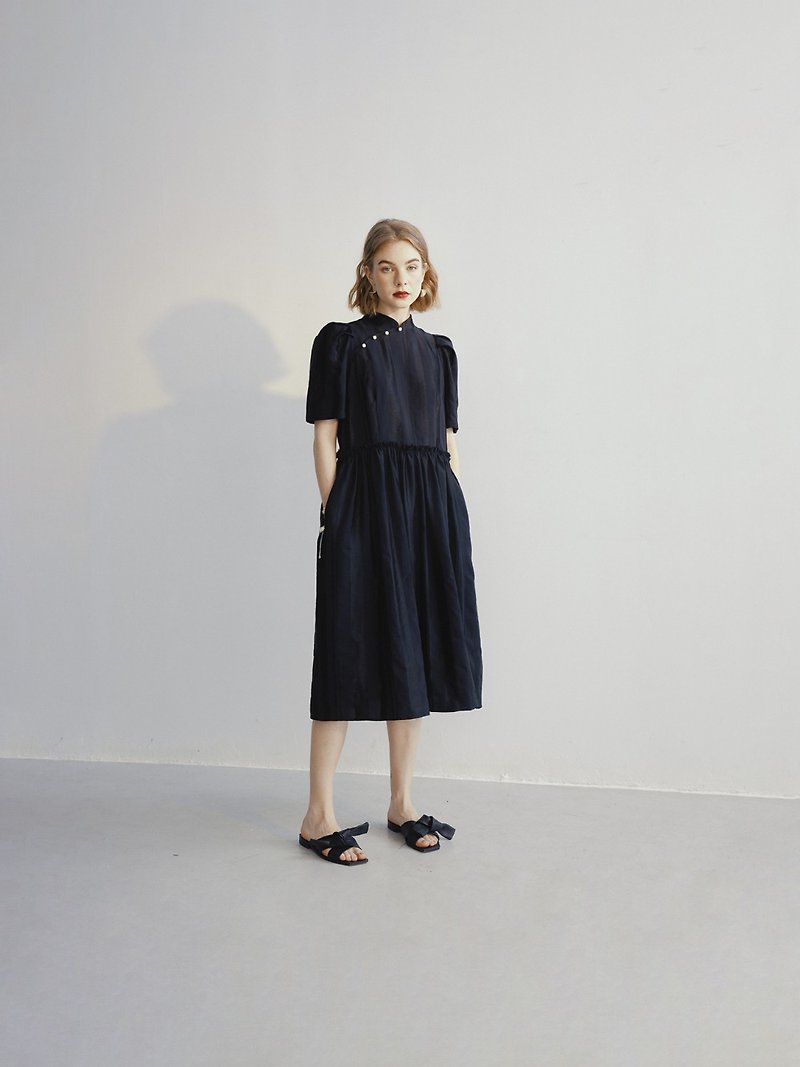 Black Dark Pattern Jacquard Cheongsam Improved Dress Summer Short Sleeve Skirt Mid-length - One Piece Dresses - Cotton & Hemp Black