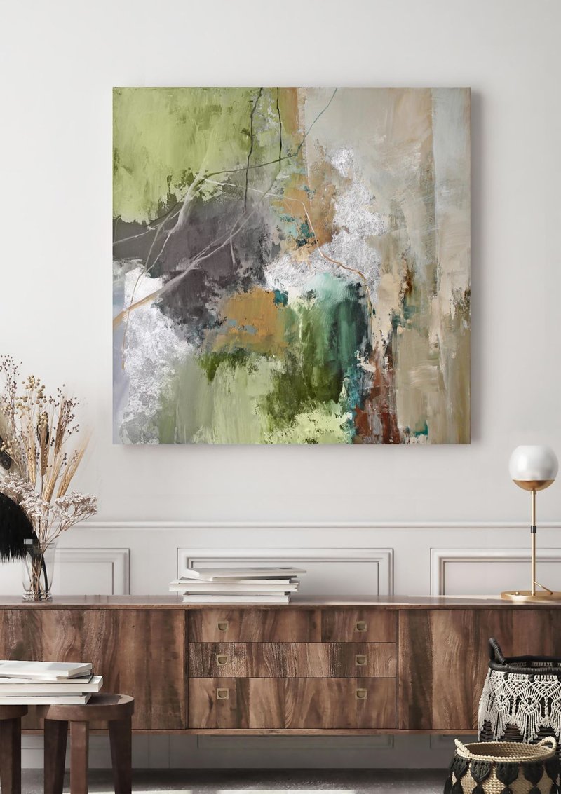 Green Silver Painting |  Green Silver Abstract | Green Wall Art | Olive Hill 2 - 壁貼/牆壁裝飾 - 棉．麻 綠色