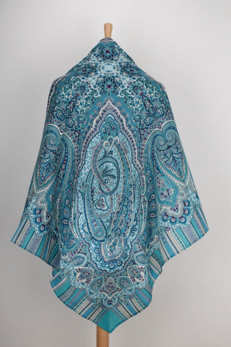 Original Pavlovo Posad Russian Shawl 100% Wool Woolen Scarf 125x125 cm 2040-3 N - 絲巾 - 羊毛 藍色