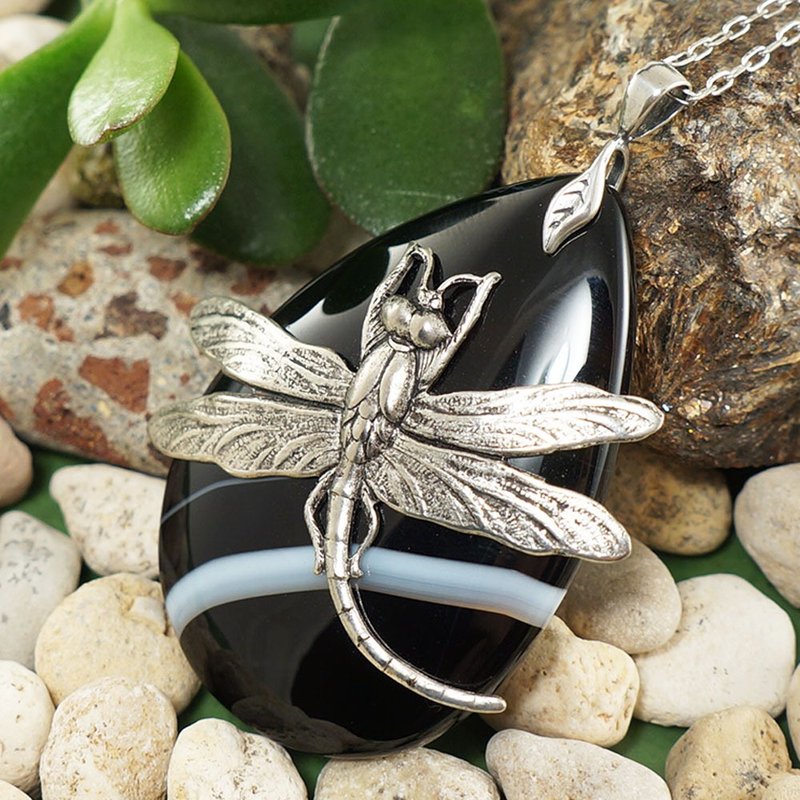 Black Agate Necklace Silver Dragonfly Teardrop Pendant Necklace Insect Jewelry - 項鍊 - 半寶石 黑色