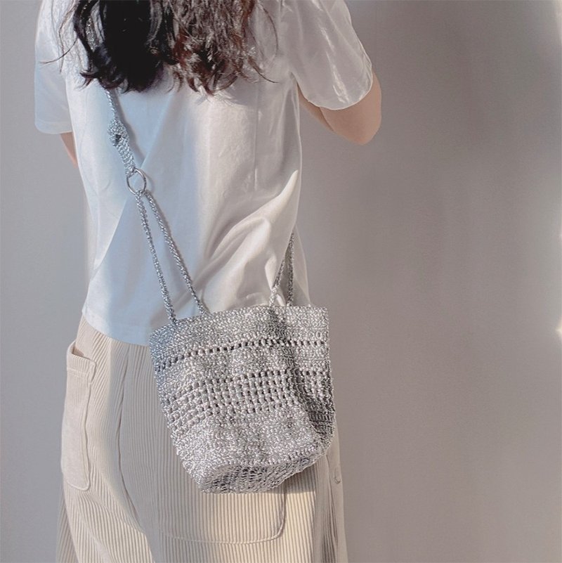 Silver Metallic Square Crochet Mini Tote Bag - 手提包/手提袋 - 聚酯纖維 銀色