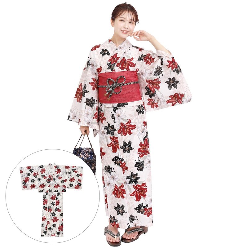 日本 和服 女性 兩件式 浴衣 腰封 套組 F size x14h-26 - 其他 - 棉．麻 紅色