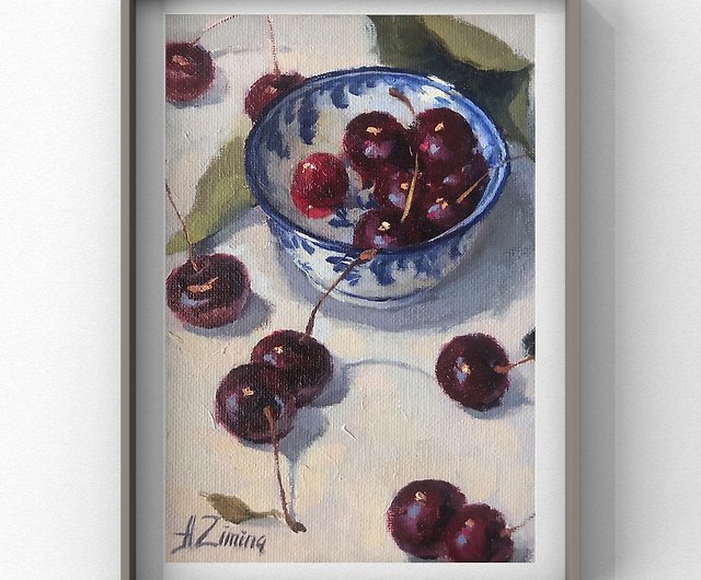 さくらんぼの油絵オリジナルのフルーツの絵キッチン用の小さな油絵 ショップ Oil Paintings By A Zimina ポスター 絵 Pinkoi