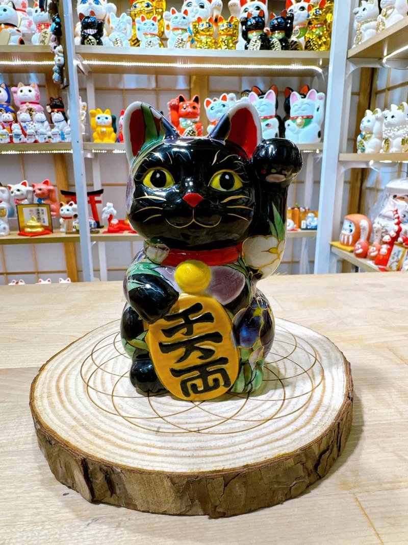 【菖彩信福】日本清水燒招財貓 | 黑地 - 菖蒲 - 擺飾/家飾品 - 瓷 綠色