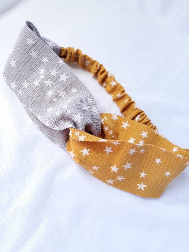 Yellow-grey two-tone star pattern handmade headband - ที่คาดผม - ผ้าฝ้าย/ผ้าลินิน สีเหลือง