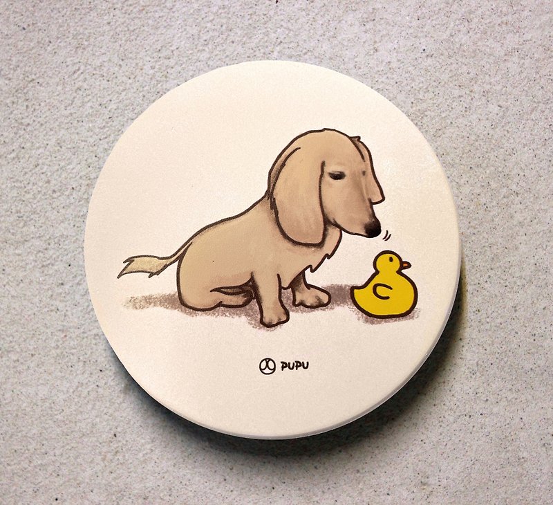 Dachshund Duck Duck-Dachshund-Original Illustration-MIT Yingge-UV Direct Injection-Ceramic Absorbent Coaster-Text - ที่รองแก้ว - เครื่องลายคราม 