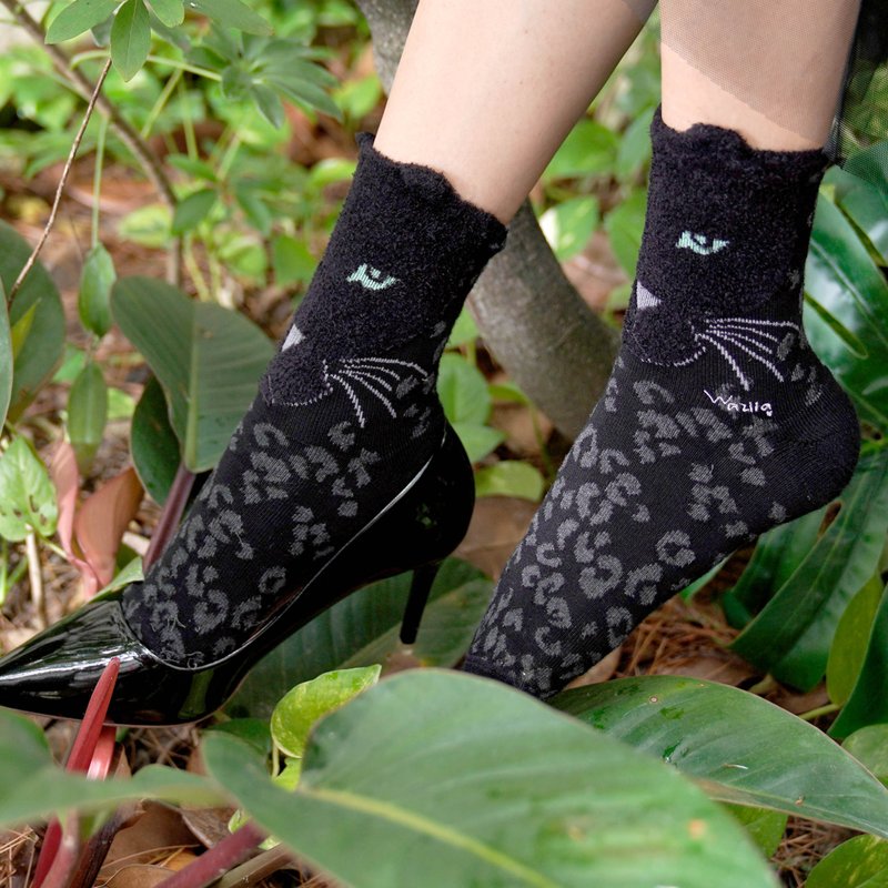 [Dark Fairy] Leopard's Magic Pattern-Green Grey-Luxury Fluffy Stereo Ear 1/2 Socks-Cotton Socks Female Socks - ถุงเท้า - ผ้าฝ้าย/ผ้าลินิน สีเทา