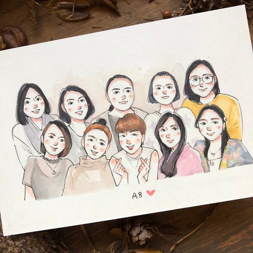 Awei 插畫工作室 【手繪 / 團體 / 全家福】 似顏繪 生日 禮物 紀念日 附包裝