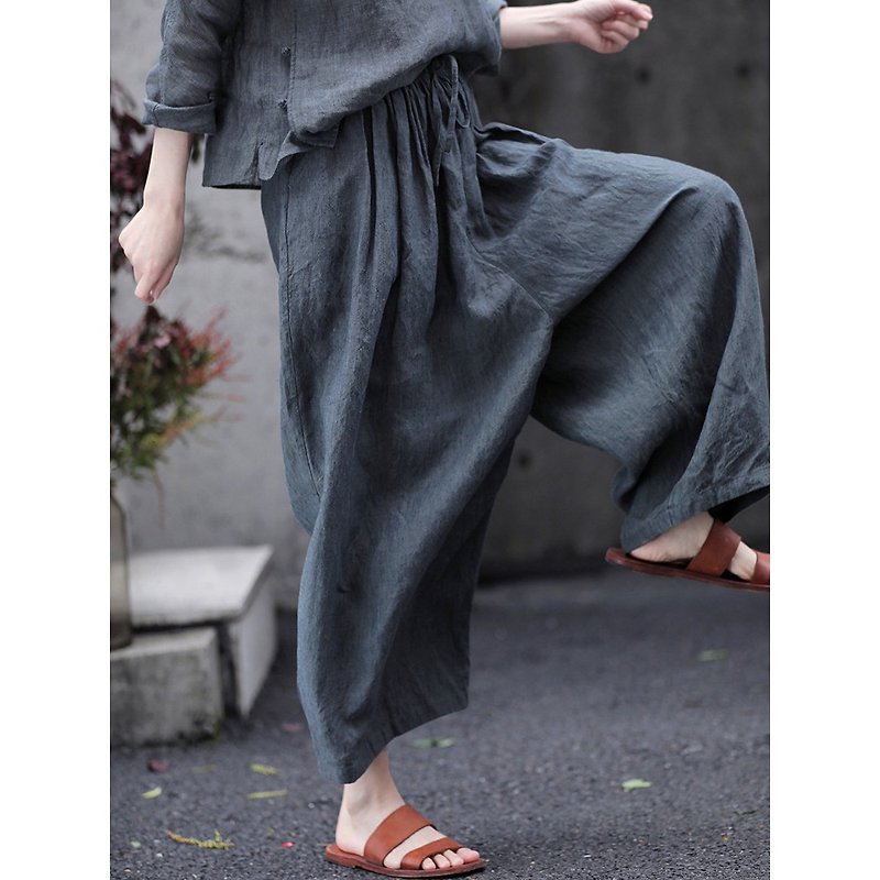 Gray linen high-density woven elastic waist drawstring loose carrot wide-leg pants - Women's Pants - Cotton & Hemp 