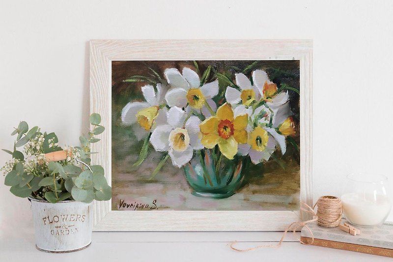 水仙畫春天的花朵藝術花卉藝術品給媽媽的禮物 - 牆貼/牆身裝飾 - 棉．麻 黃色