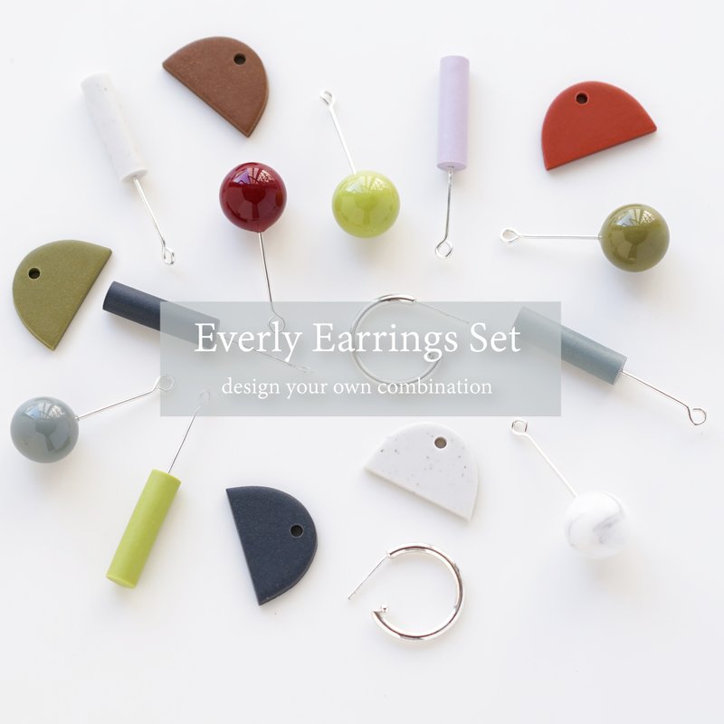 Everly Earrings Set 原創設計 手工軟陶 純銀耳針 耳環套裝 - 耳環/耳夾/耳骨夾 - 陶 白色