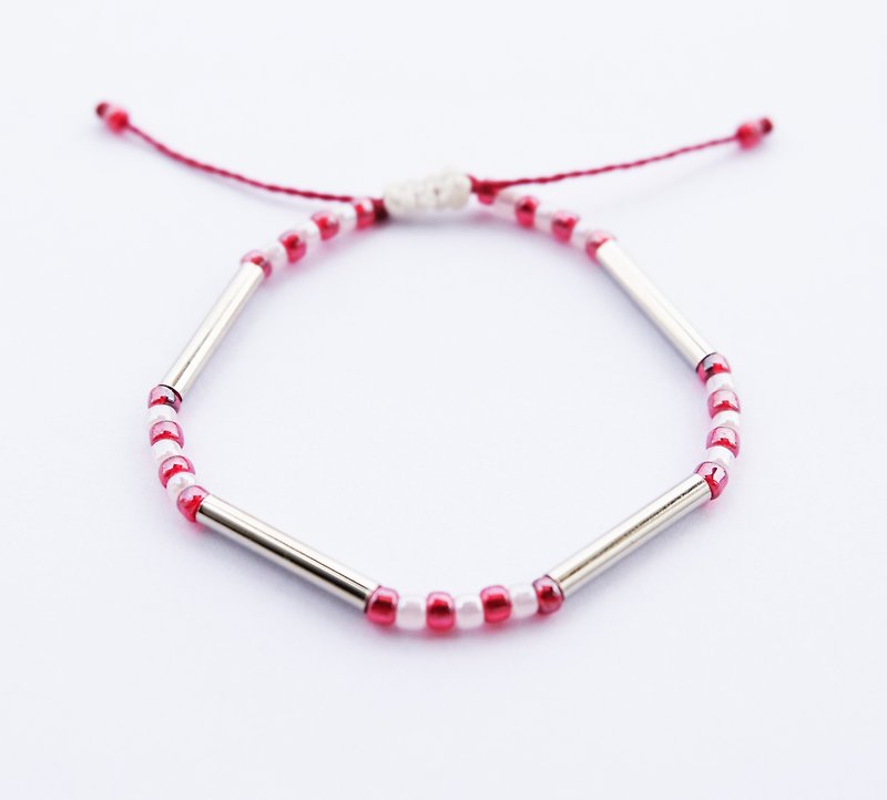 White red seed beads silver tube string bracelet - สร้อยข้อมือ - วัสดุอื่นๆ สีแดง