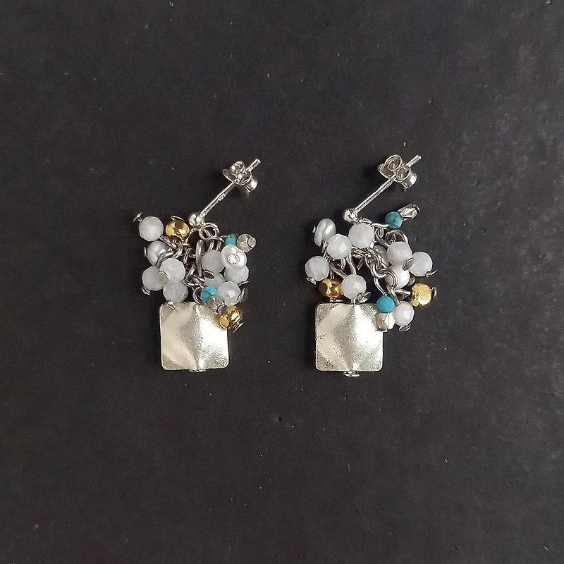 Moonstone, 18K, Karen Silver, freshwater pearl, turquoise earrings / pierced Clip-On - ต่างหู - เงิน สีเงิน