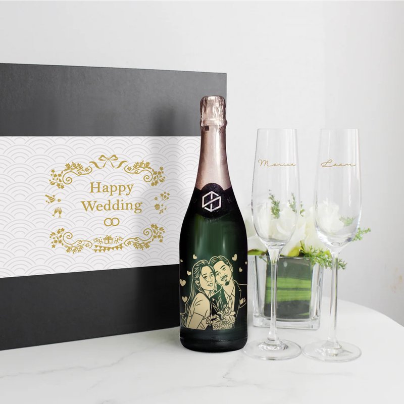 Couple gift wedding anniversary gift | Customized portrait name non-alcoholic champagne single and double glasses - ภาพวาดบุคคล - แก้ว 