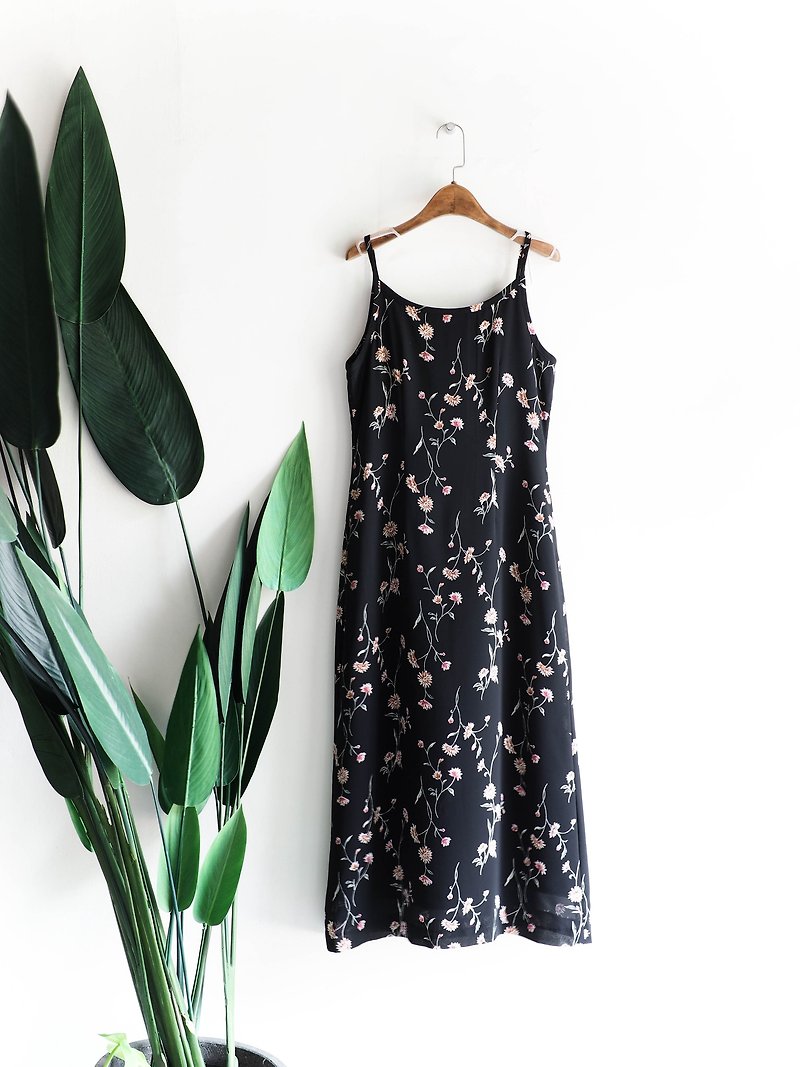 Oita pure black daisies floating sunset spring antiques twine long dress dress vintage dress - One Piece Dresses - Polyester Black