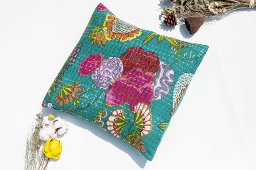 omhandmade 花朵刺繡抱枕套 純棉抱枕套 民族風抱枕套-義大利風藍綠花朵森林