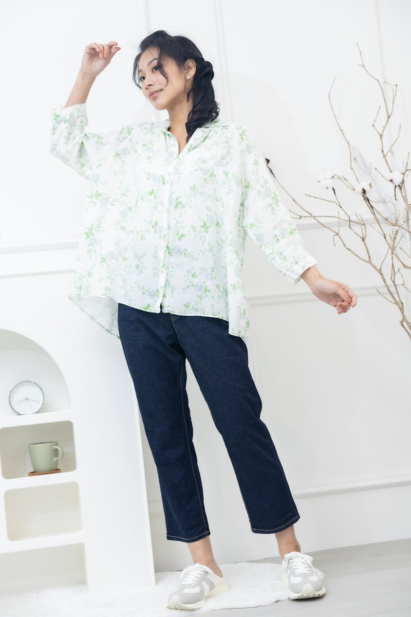 綠葉灰蘭花棉紗襯衫 白色 - 女襯衫 - 其他材質 白色