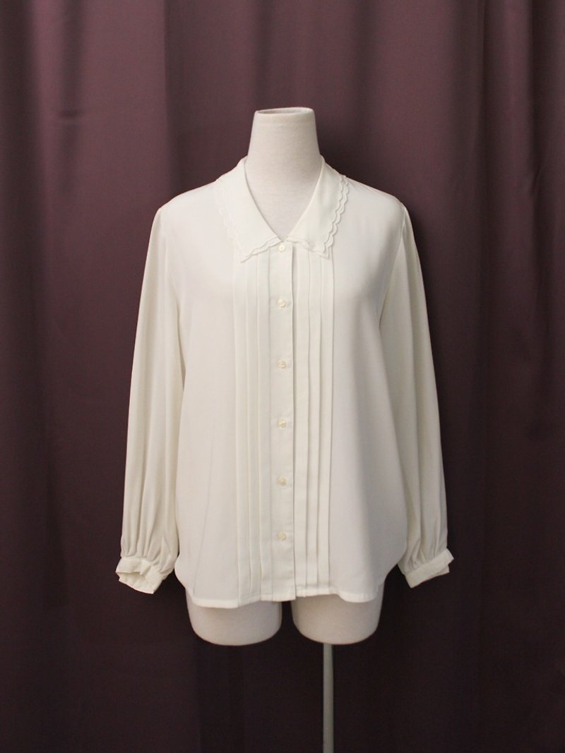 復古日本製簡約雙層翻領米白色寬鬆長袖古著襯衫VintageBlouse - 女襯衫 - 聚酯纖維 白色