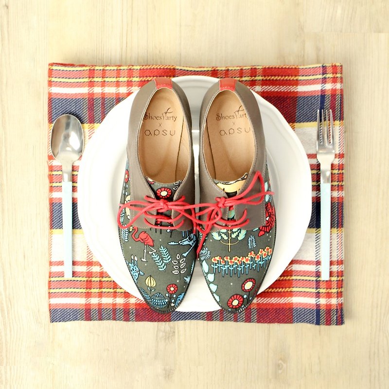 Picasso fell into the gray forest patch derby shoes / Japanese cloth / shoes / handmade custom / M2-15345F - Mary Jane Shoes & Ballet Shoes - Cotton & Hemp Green