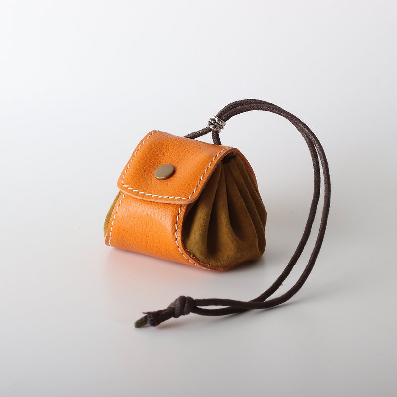 Xiao Long Bao|Leather Coin Purse|Small Item Bag|Strap-Orange and Brown - Coin Purses - Genuine Leather Orange