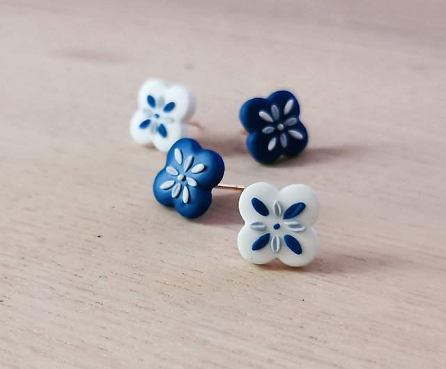 Blue and white stud earrings polymer clay