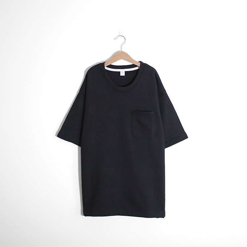 Thick Loose Drop Shoulder Top Cotton Black Thick Plain Pocket Tee-Only Size S Left - เสื้อฮู้ด - ผ้าฝ้าย/ผ้าลินิน สีดำ