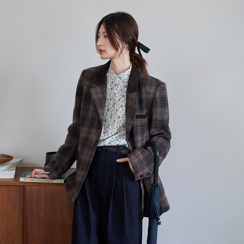 Brown plaid lapel suit | Jacket | Autumn style | Sora-1640 - Women's Blazers & Trench Coats - Wool 